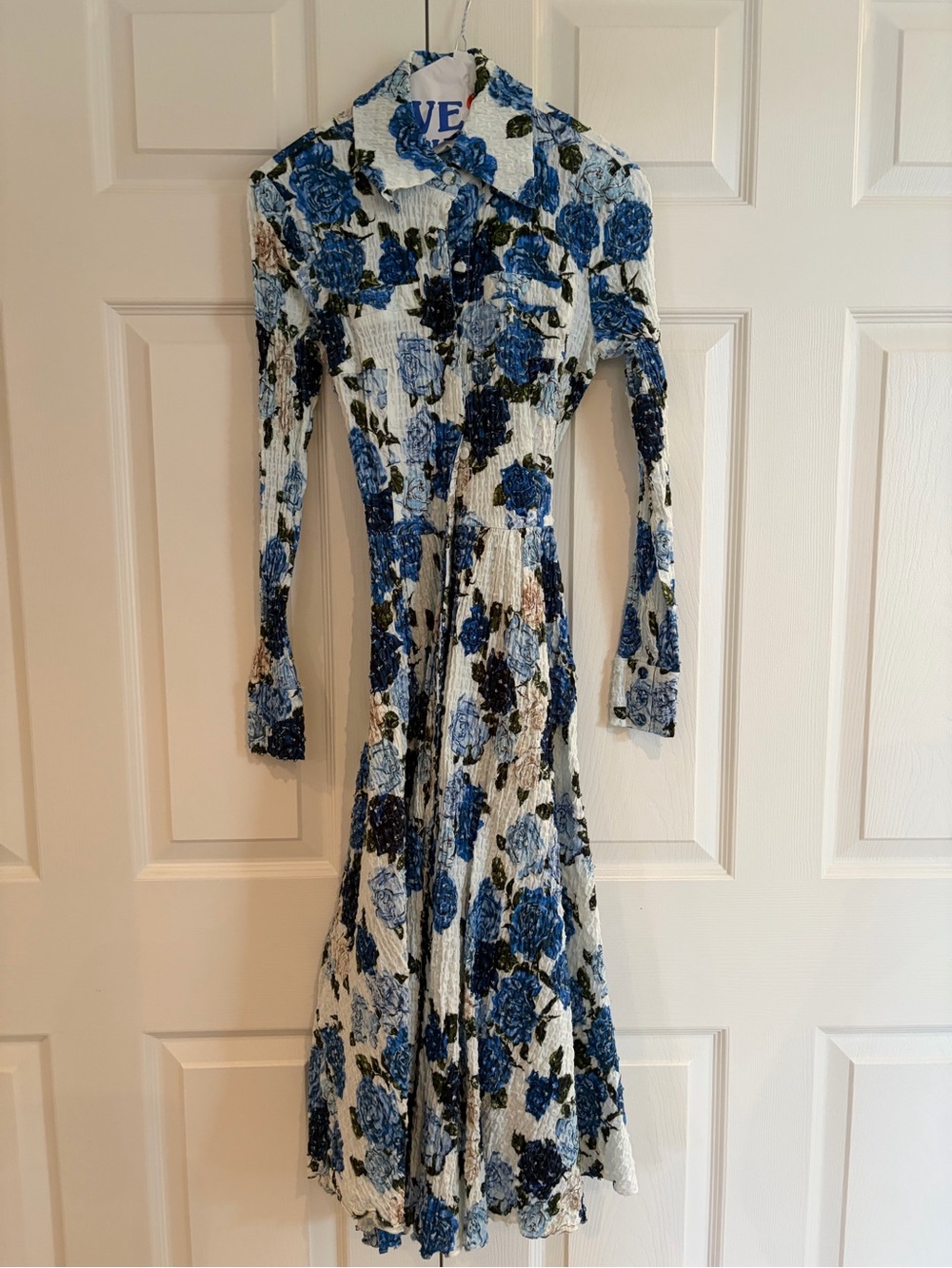 Emilia Wickstead White Dress with Blue Floral Print - Long Sleeve Midi